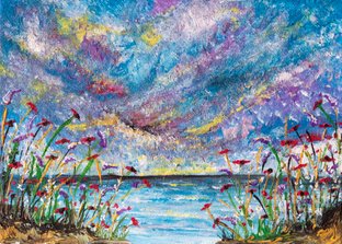 Poppies after the storm     Ref: HD 006  - 7x5inch  Atmospheric textured skies, wild flowers and calm seas fill ‘Poppies after the Storm’. A little pocket of calm to fill your home and a reminder that all things pass.   The sun always shines after the storm.